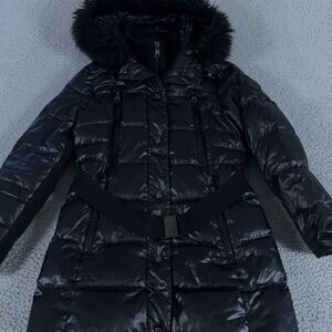 Calvin Klein Jacket Womens Medium Black Puffer Parka Faux Fur Belted Performance